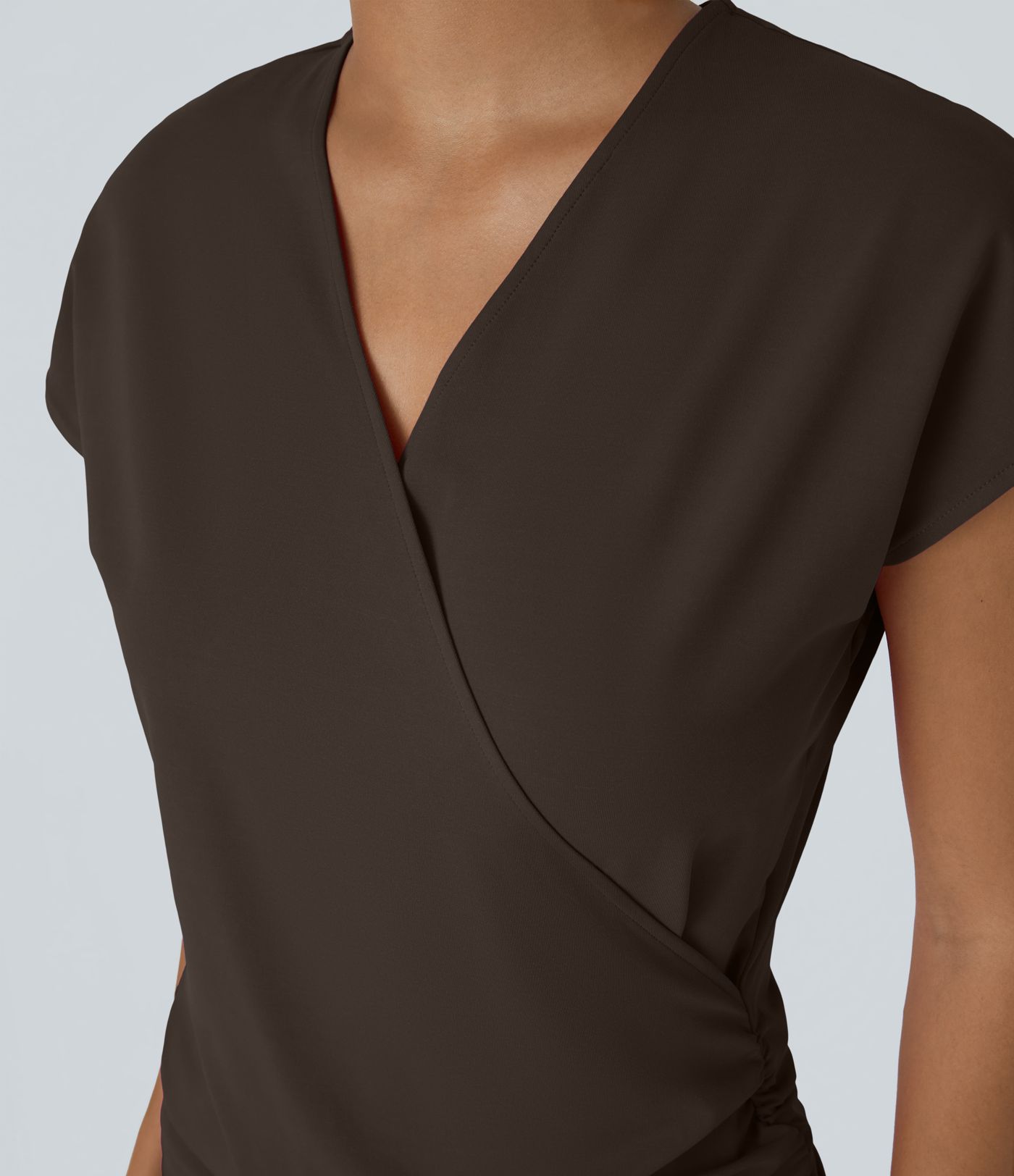 V Neck Cap Sleeve Crossover Ruched Solid Work Blouse V Neck Cap Sleeve Crossover Ruched Solid Work Blouse