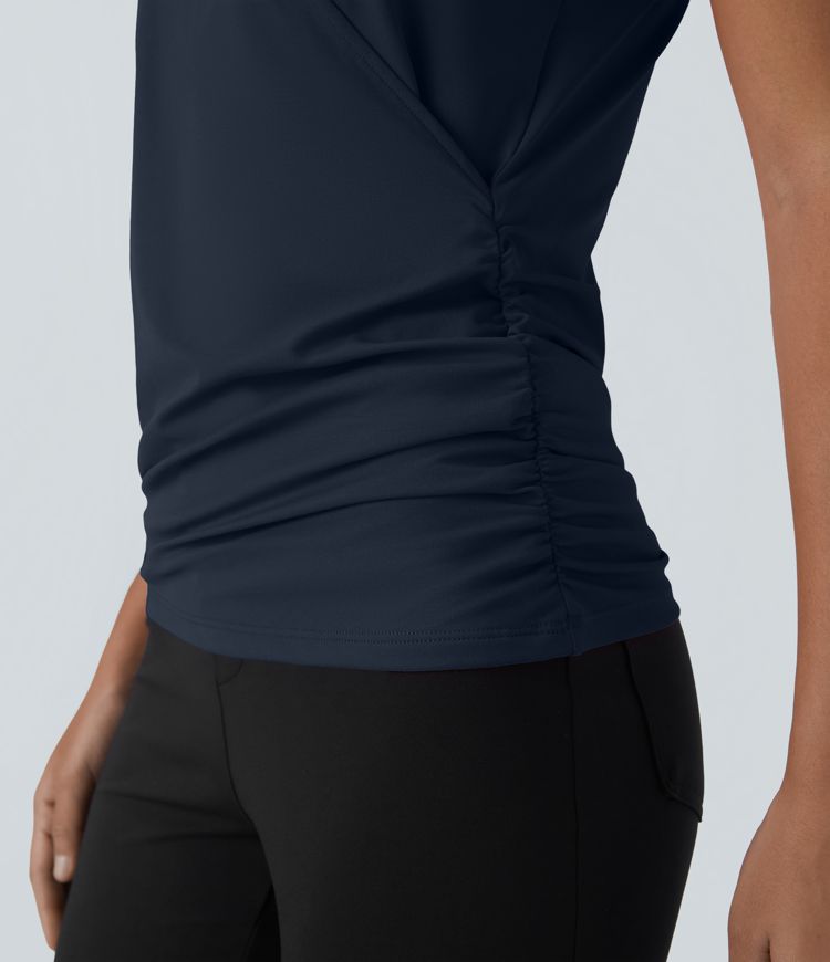 Blusa oficina sólida pliegue cruzado manga japonesa cuello V