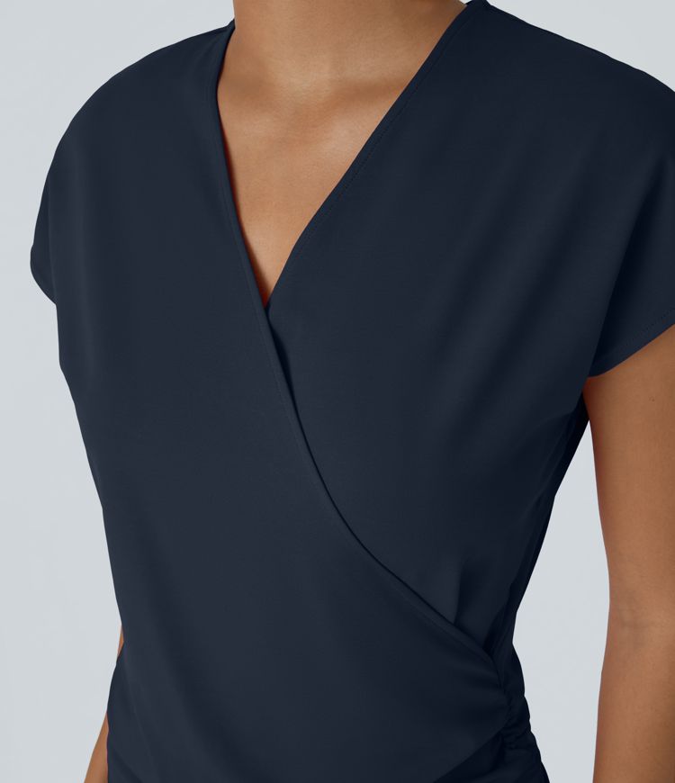 Blusa oficina sólida pliegue cruzado manga japonesa cuello V