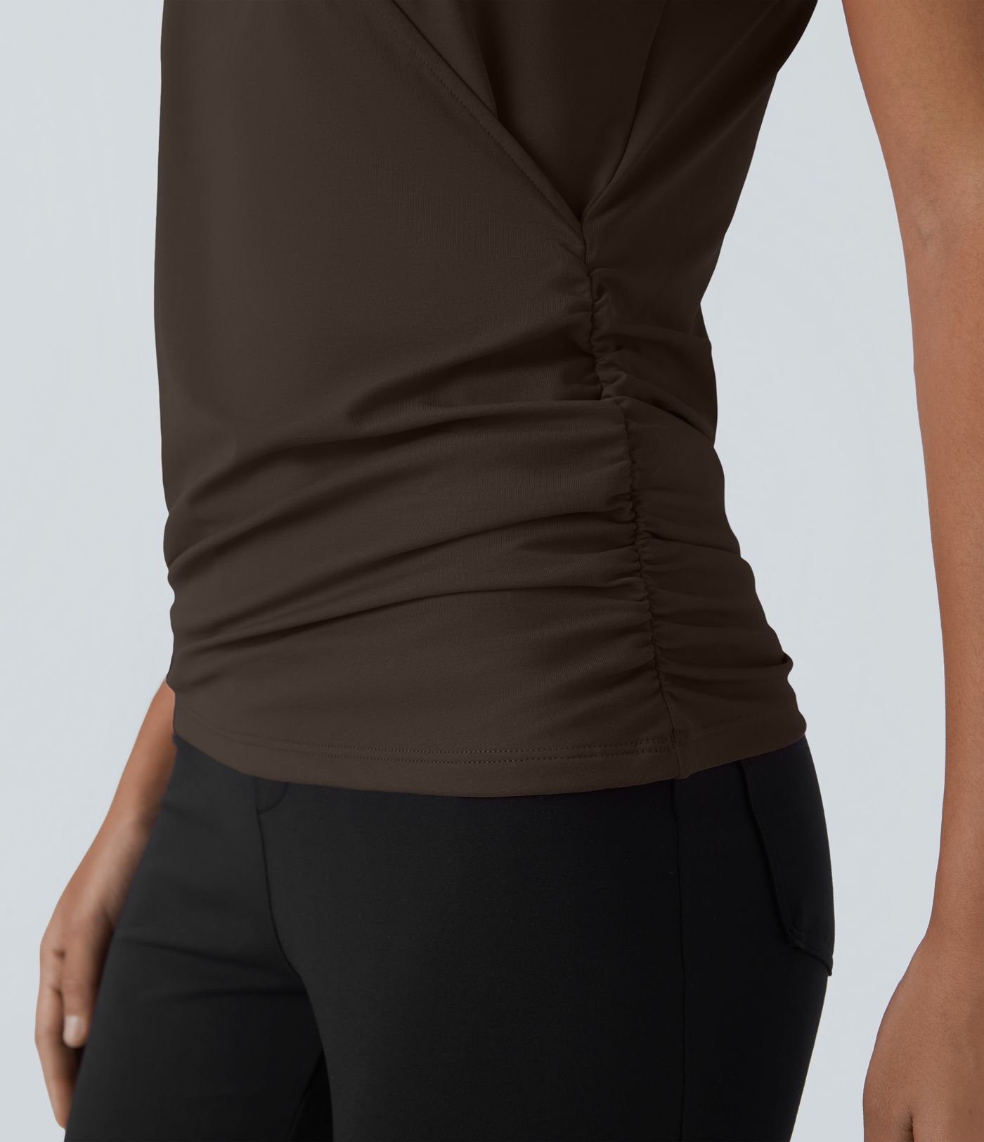 V Neck Cap Sleeve Crossover Ruched Solid Work Blouse V Neck Cap Sleeve Crossover Ruched Solid Work Blouse