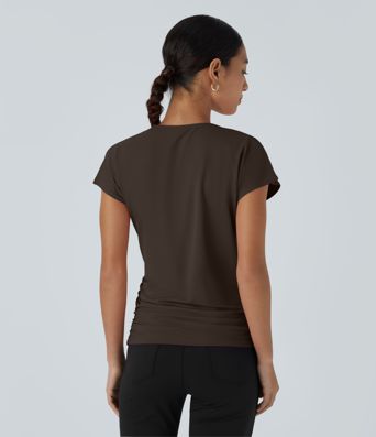 V Neck Cap Sleeve Crossover Ruched Solid Work Blouse V Neck Cap Sleeve Crossover Ruched Solid Work Blouse