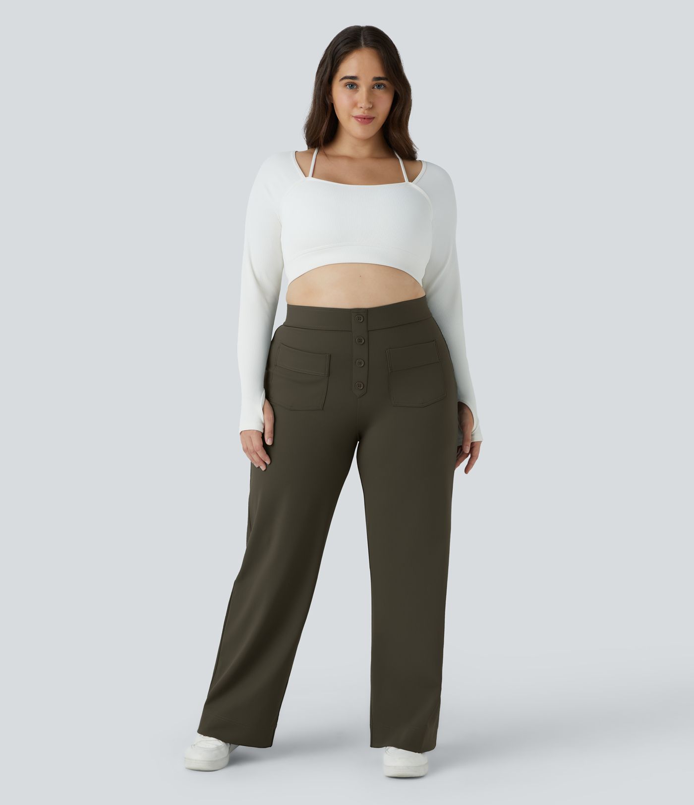 Pantalón tiro alto botón múltiple bolsillo pierna recta talla grande