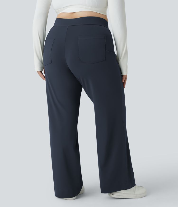High Waisted Button Multiple Pockets Straight Leg Casual Plus Size Pants