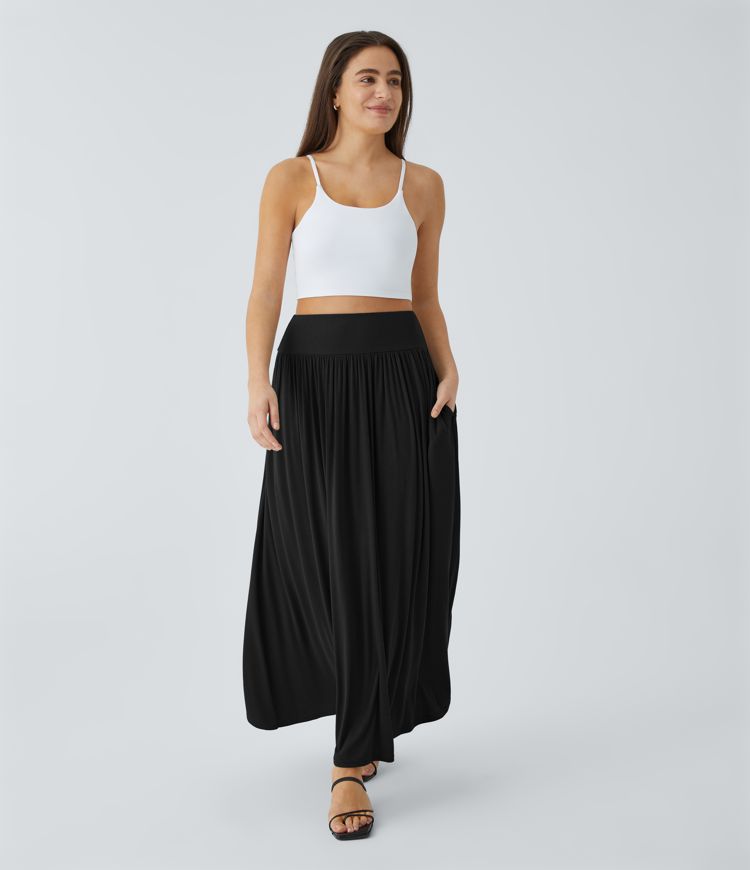 Ribbed Knit High Waist Pleated Side Pocket Flare Floral Maxi Casual Skirt