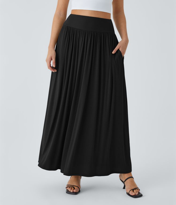 Ribbed Knit High Waist Pleated Side Pocket Flare Floral Maxi Casual Skirt