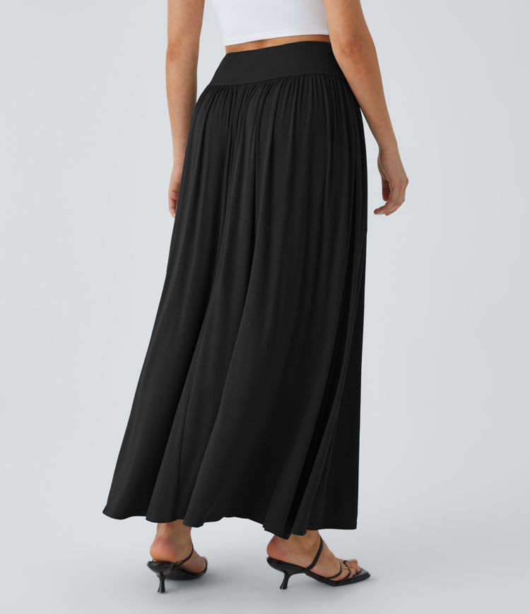 Ribbed Knit High Waist Pleated Side Pocket Flare Floral Maxi Casual Skirt