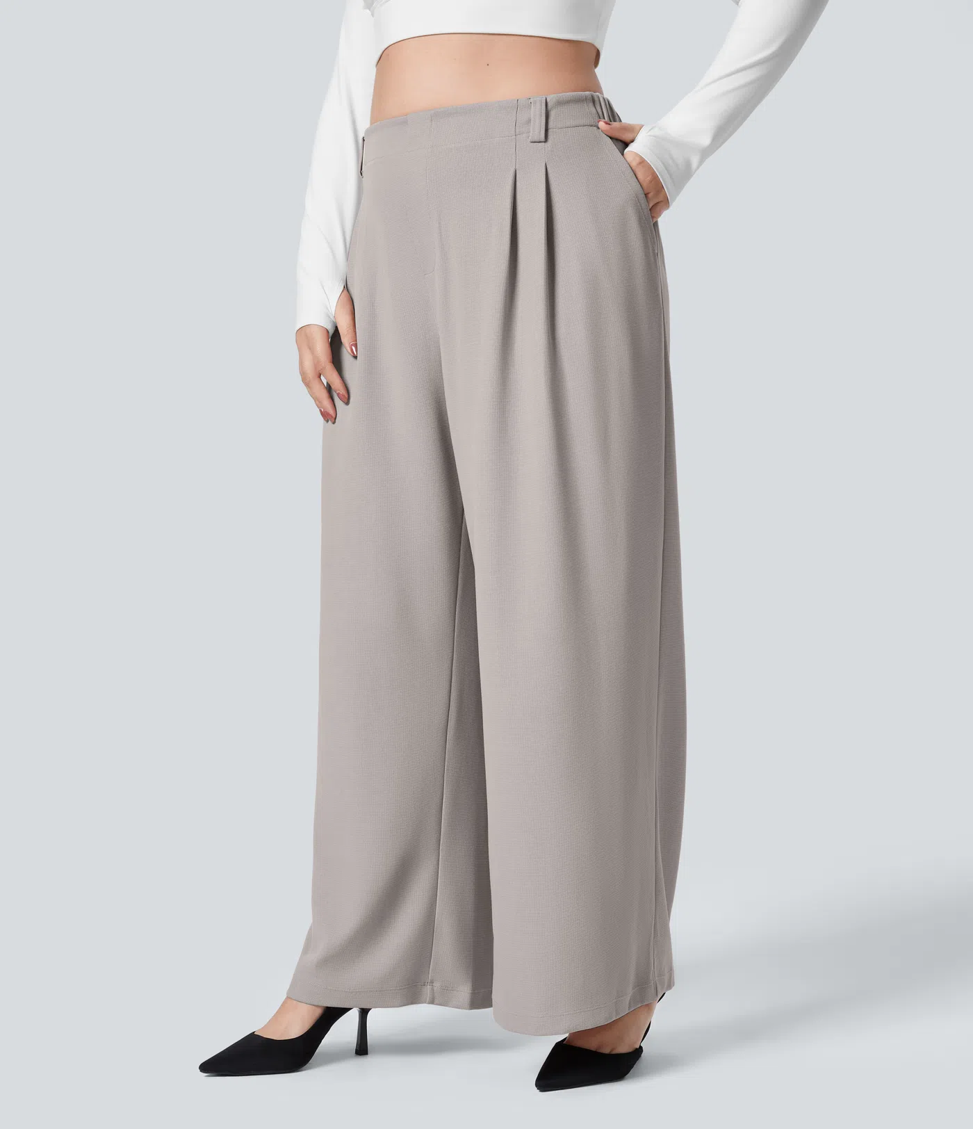 HalaraFlex™ High Waisted Plicated Side Pocket Wide Leg Waffle Work Plus Size Pants