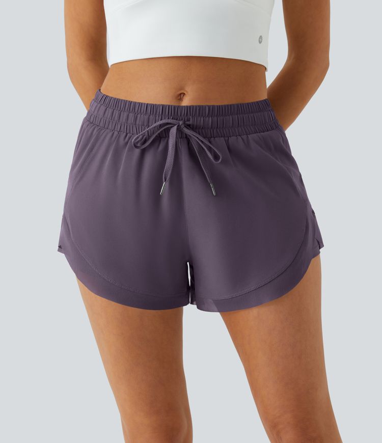 Mid Rise Drawstring Contrast Mesh 2-in-1 Flowy Running Shorts 3''