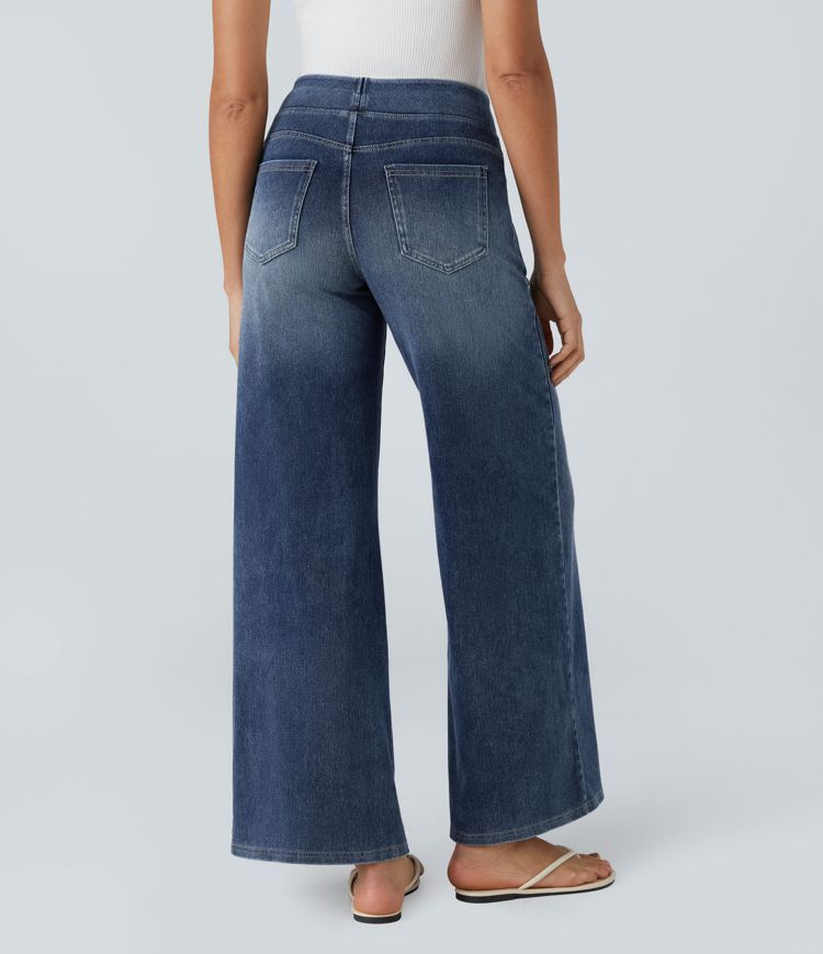 HalaraMagic™ High Waisted Multiple Pockets Wide Leg Washed Stretchy Knit Casual Jeans