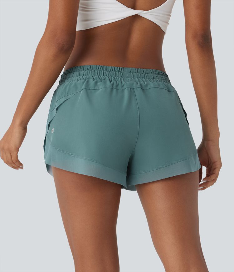 Low Rise Drawstring Contrast Mesh 2-in-1 Flowy Running Shorts