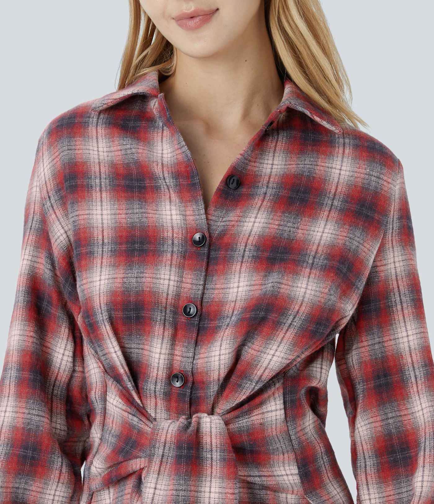 Tie Front Long Sleeve Plaid Mini Casual Dress
