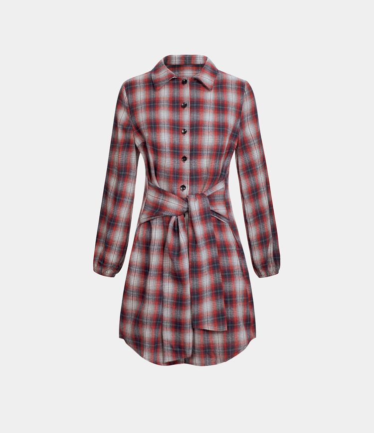Tie Front Long Sleeve Plaid Mini Casual Dress