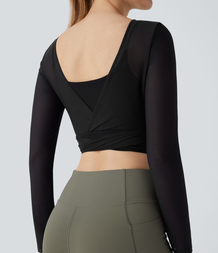 Softlyzero™ Airy Haut de sport de yoga court sans dos, avec liens sur les côtés, résille contrastée et toucher frais - UPF50+