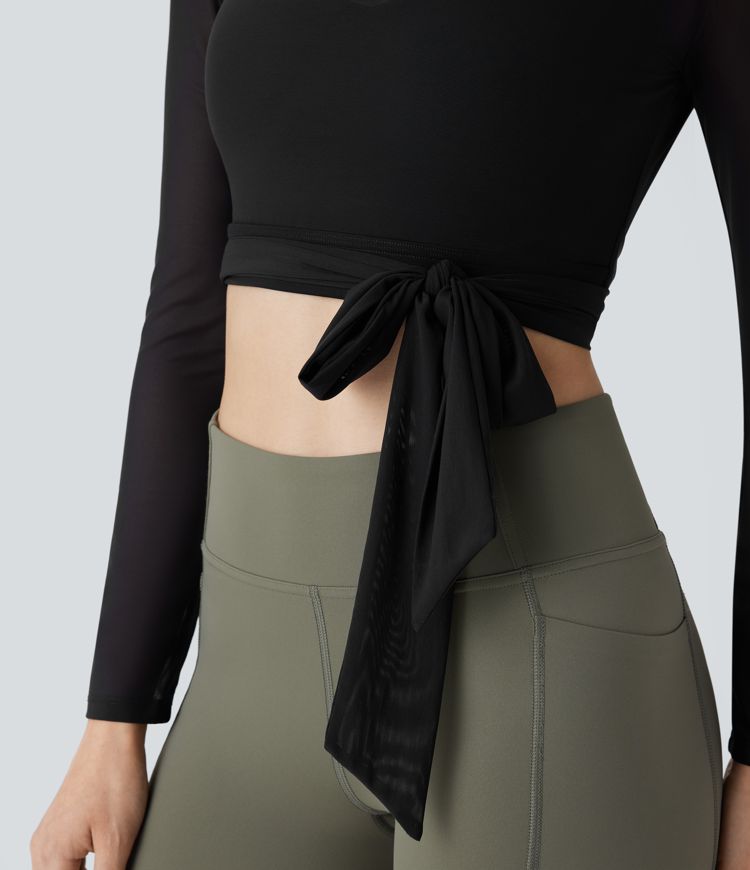 Softlyzero™ Airy Haut de sport de yoga court sans dos, avec liens sur les côtés, résille contrastée et toucher frais - UPF50+