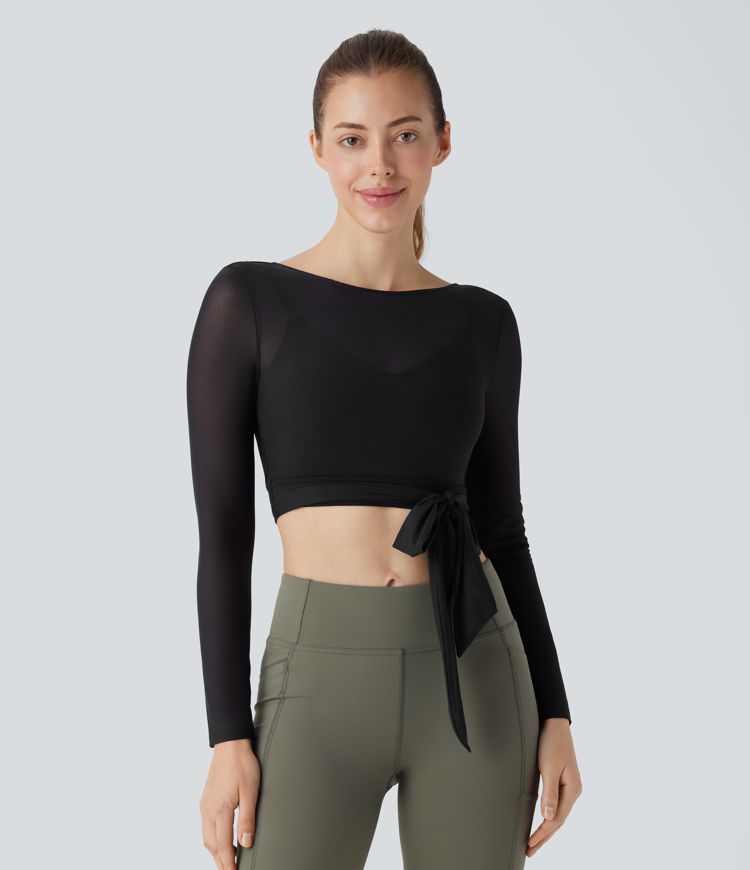 Softlyzero™ Airy Haut de sport de yoga court sans dos, avec liens sur les côtés, résille contrastée et toucher frais - UPF50+