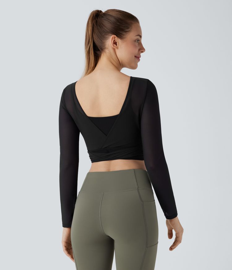 Softlyzero™ Airy Haut de sport de yoga court sans dos, avec liens sur les côtés, résille contrastée et toucher frais - UPF50+