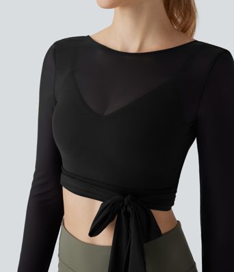 Softlyzero™ Airy Haut de sport de yoga court sans dos, avec liens sur les côtés, résille contrastée et toucher frais - UPF50+