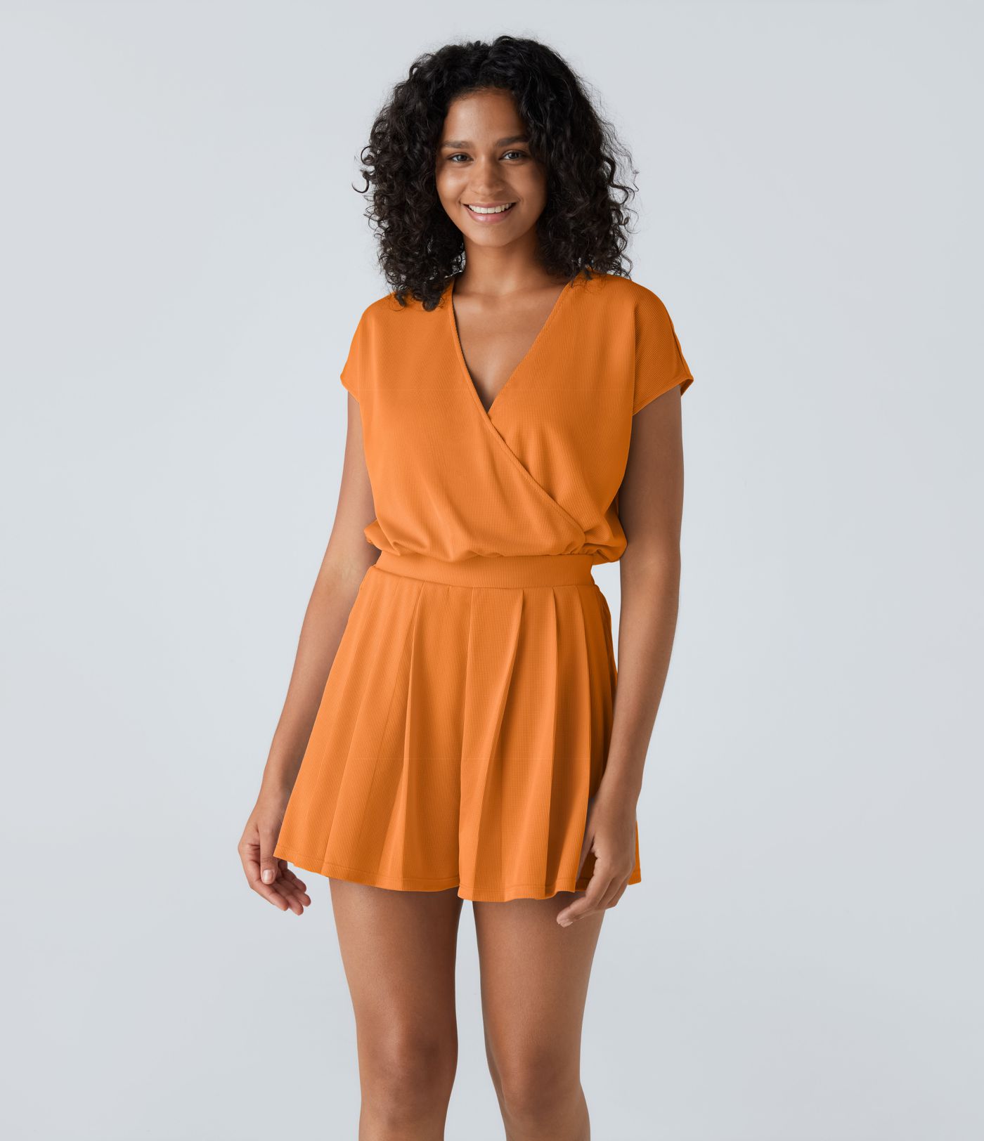 V Neck Short Sleeve Side Pocket Playsuit Waffle Casual Romper