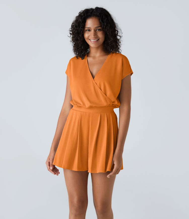 V Neck Short Sleeve Side Pocket Playsuit Waffle Casual Romper