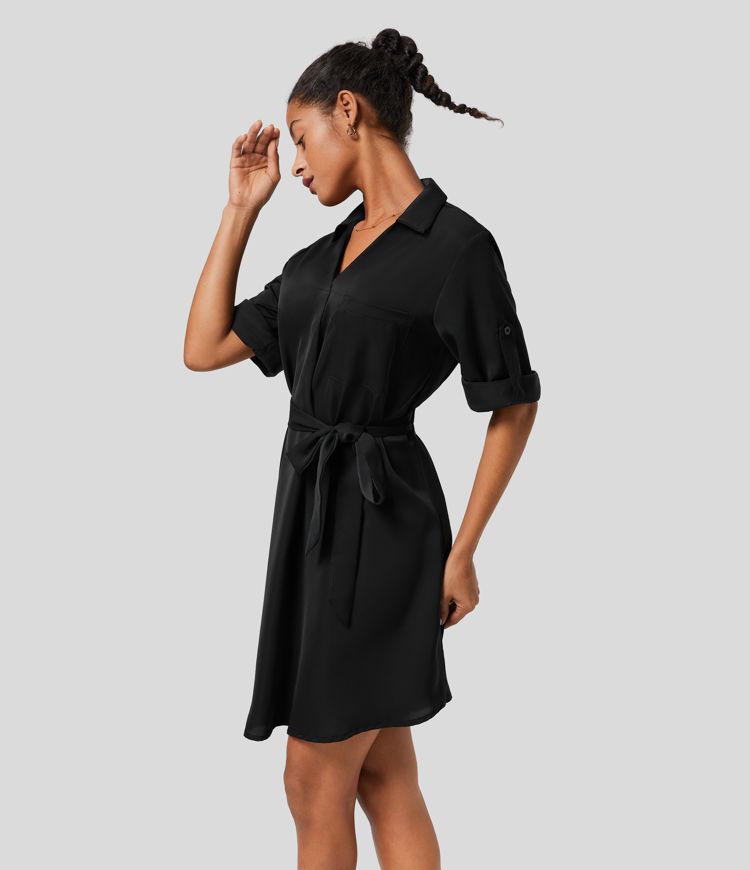 Collared Roll Up Sleeve Belted Work Shirt Dress
