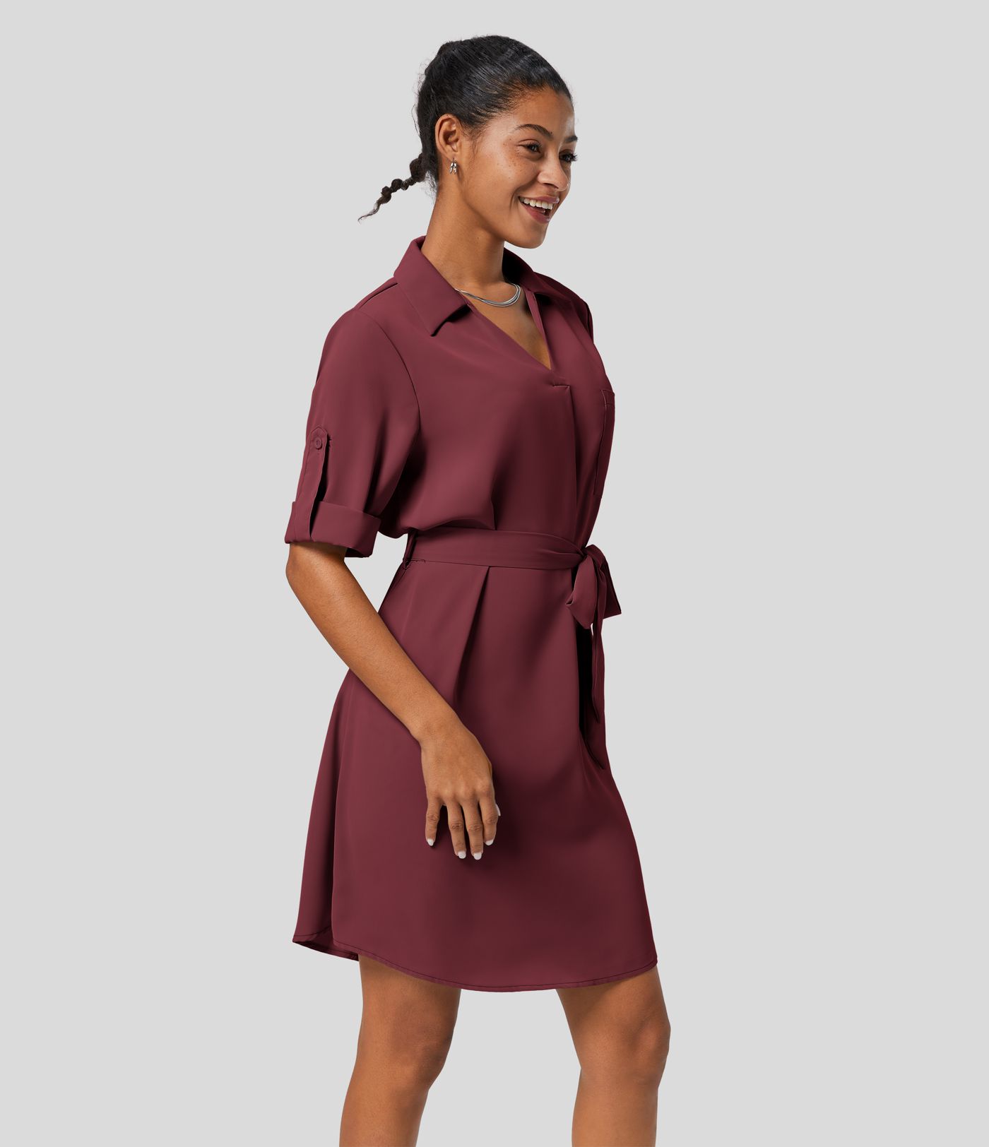 Roll Up Sleeve Belted Relaxed Work Shirt Dress