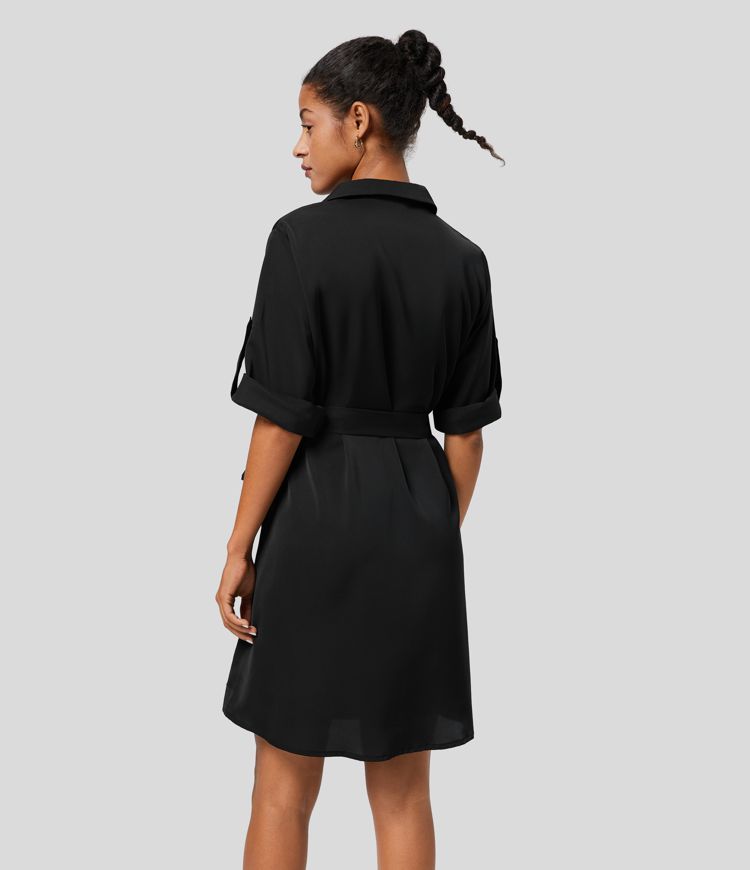 Collared Roll Up Sleeve Belted Work Shirt Dress