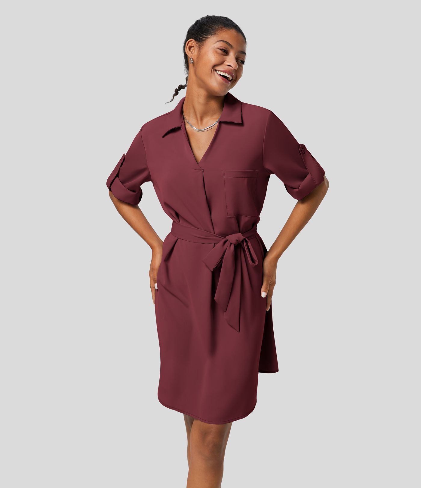 Roll Up Sleeve Belted Relaxed Work Shirt Dress