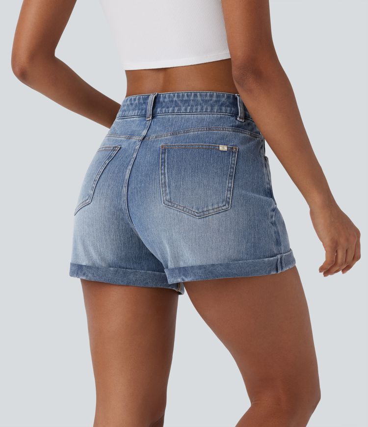 Halara Flex™ Mid Rise Zipper Pockets Denim Casual Shorts 3''