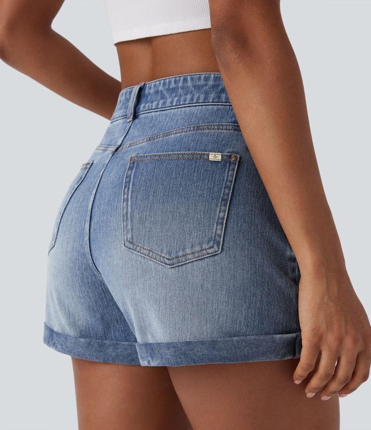 Halara Flex™ Mid Rise Zipper Pockets Denim Casual Shorts 3''