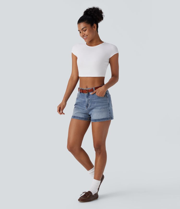 Halara Flex™ Mid Rise Zipper Pockets Denim Casual Shorts 3''