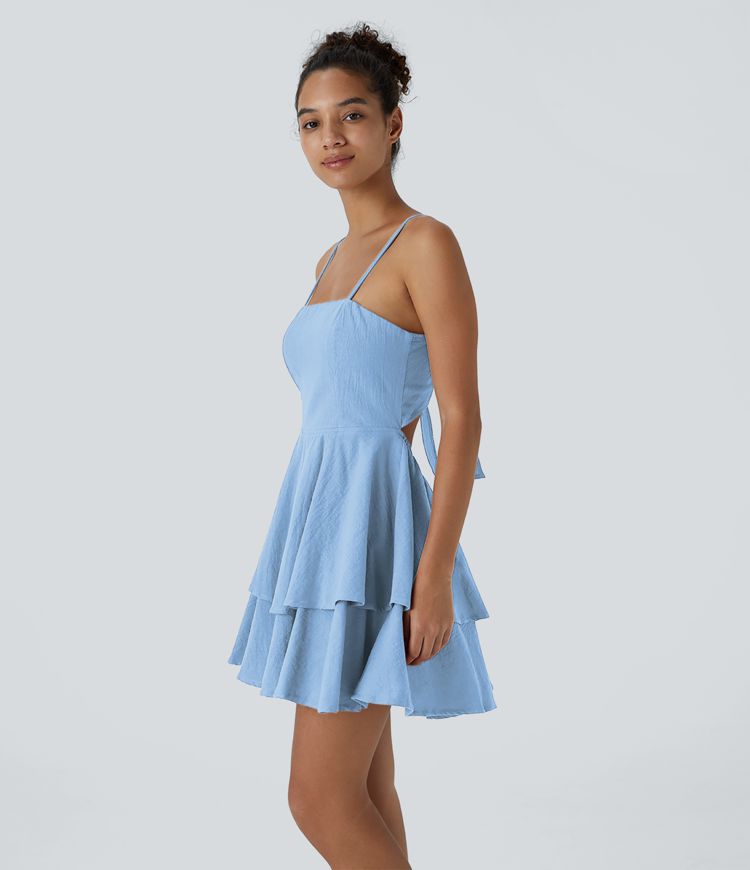 Tie Back Tiered Ruffle Flowy Slip Mini Casual Linen-Feel Dress