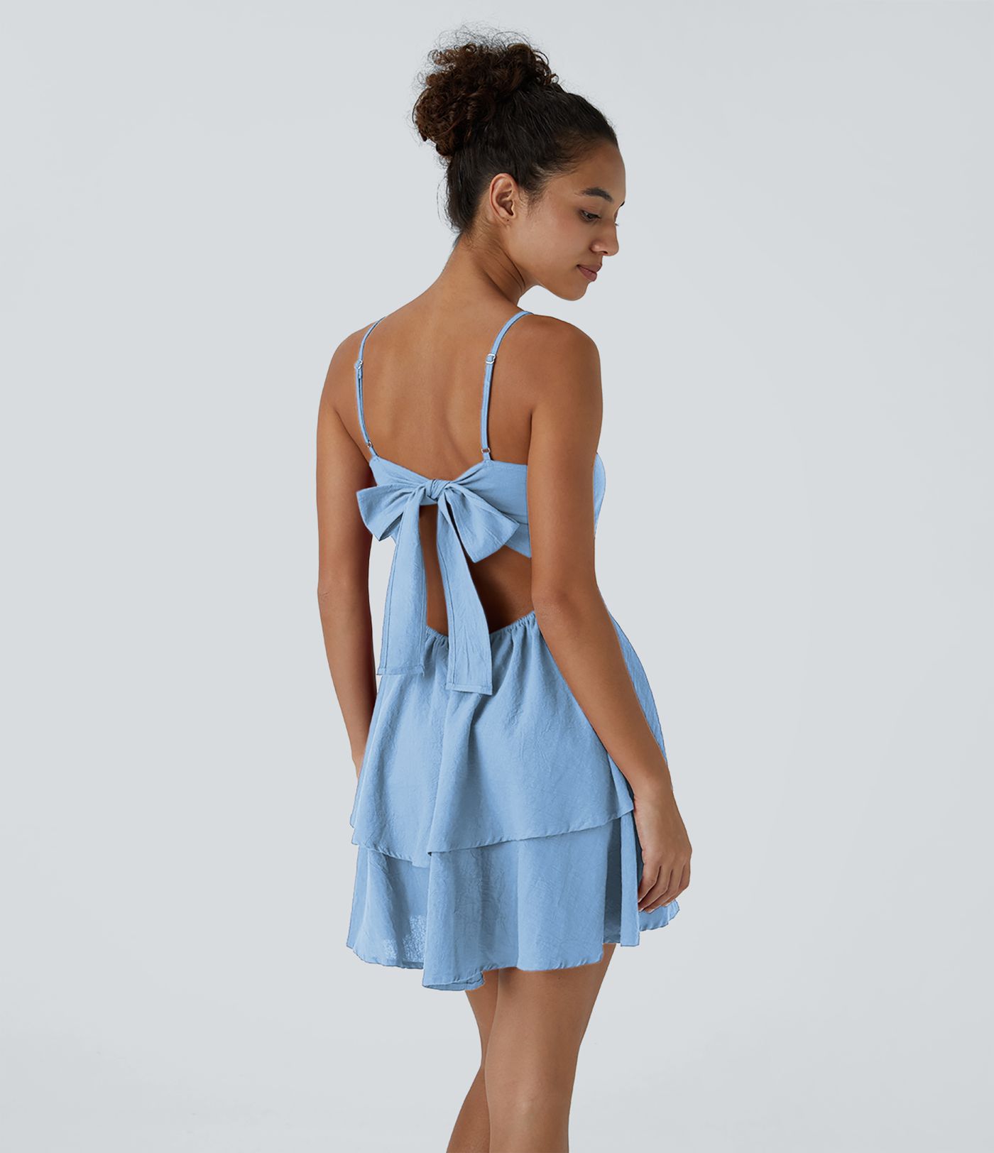 Tie Back Tiered Ruffle Flowy Slip Mini Casual Linen-Feel Dress