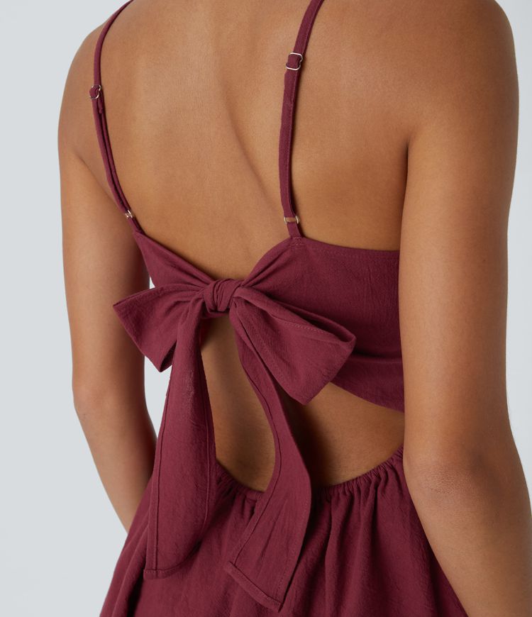 Minivestido tacto lino tirante ajustable lazo sin espalda volante escalonado fluido