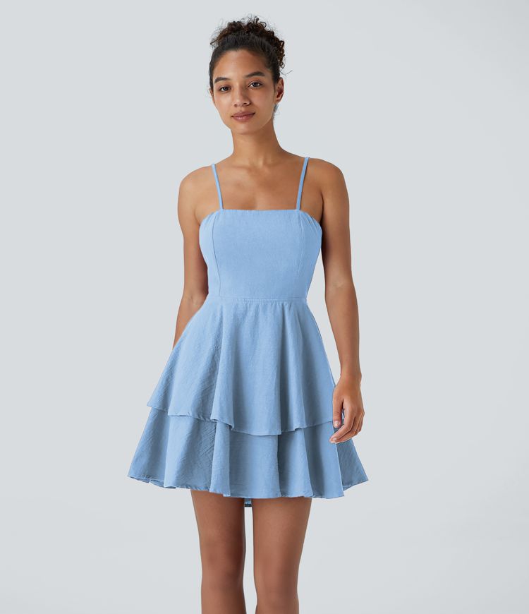 Backless Adjustable Strap Tie Back Tiered Ruffle Flowy Slip Mini Casual Linen-Feel Dress