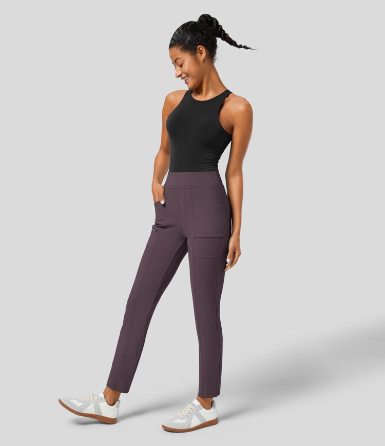 High Waisted Pockets Zipper Casual Slim Trousers