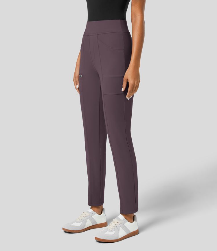 High Waisted Pockets Zipper Casual Slim Trousers