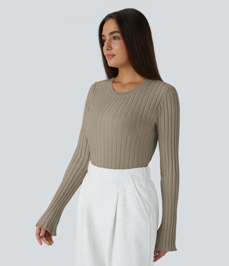 Round Neck Long Sleeve Frill Casual Sweater