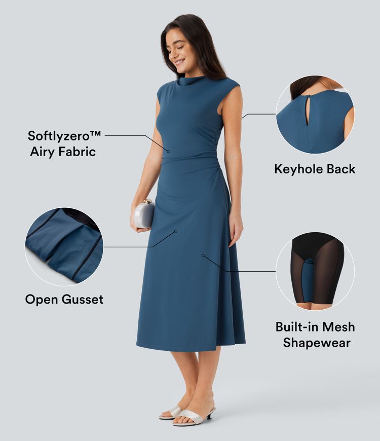 SoftlyZero™ Airy Sleeveless Keyhole Back Ruched Slim Midi Cool Touch Built-in Mesh Shapewear Dress