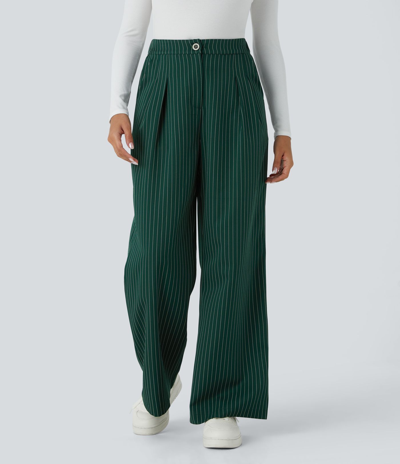 High Waisted Zipper Pocket Wide Leg Striped Work Trousers