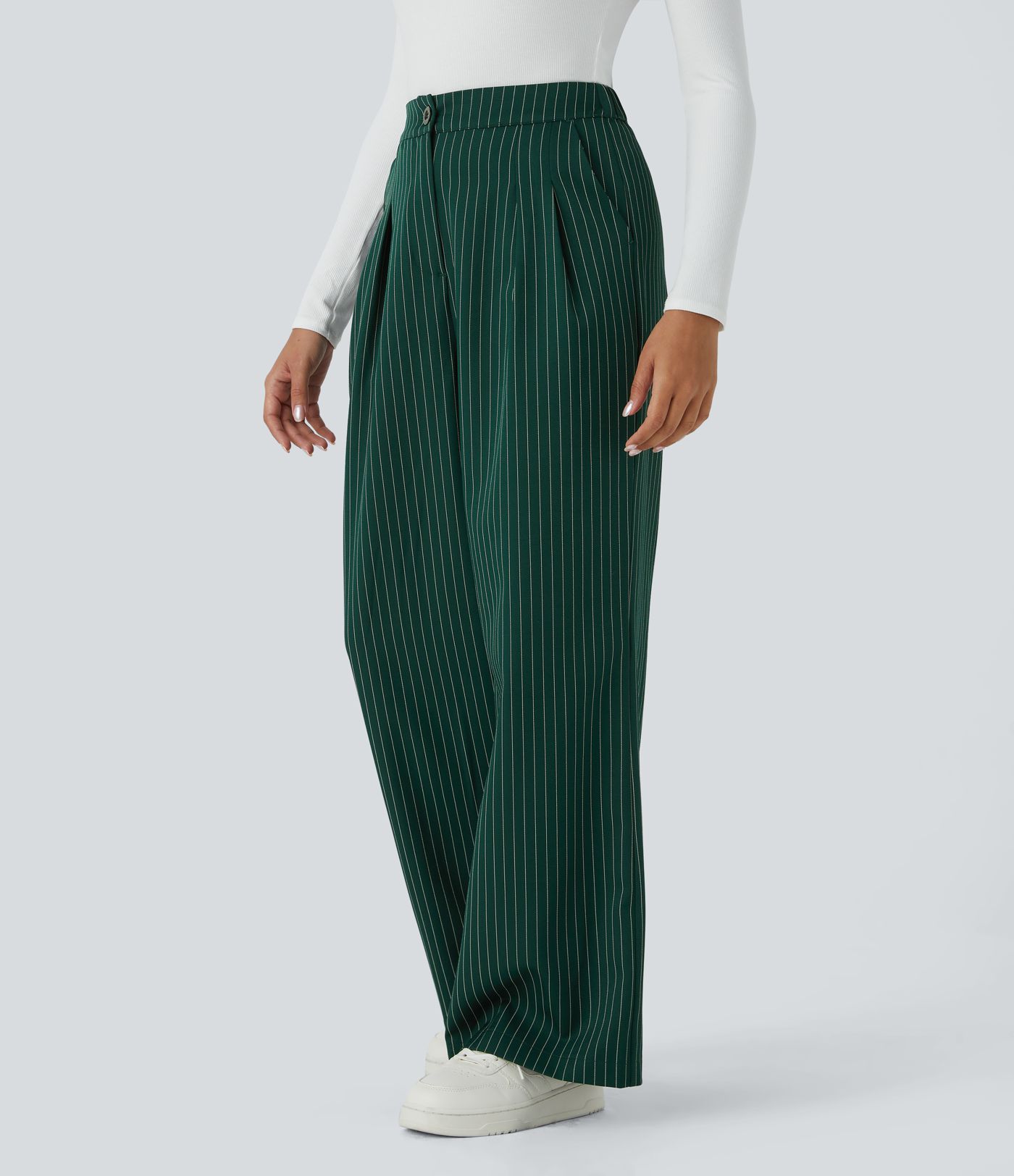 High Waisted Zipper Pocket Wide Leg Striped Work Trousers