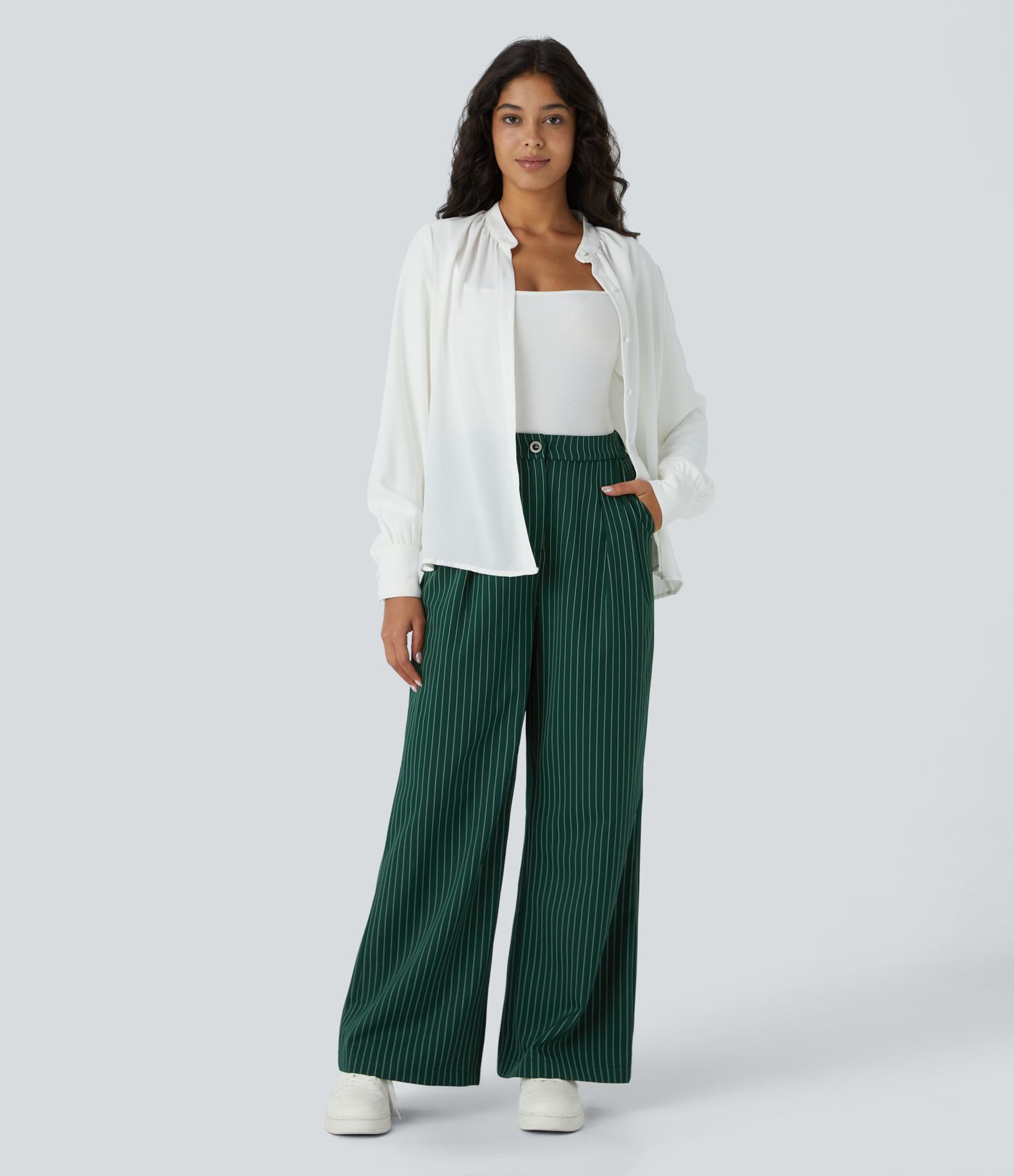 High Waisted Zipper Pocket Wide Leg Striped Work Trousers