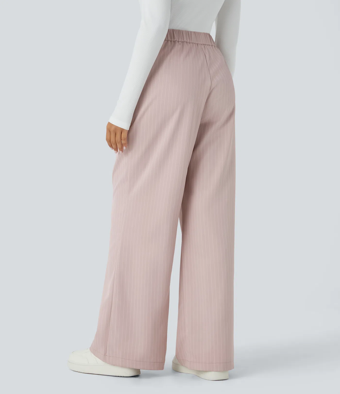 High Waisted Button Zipper Side Pocket Wide Leg Striped Work Pants