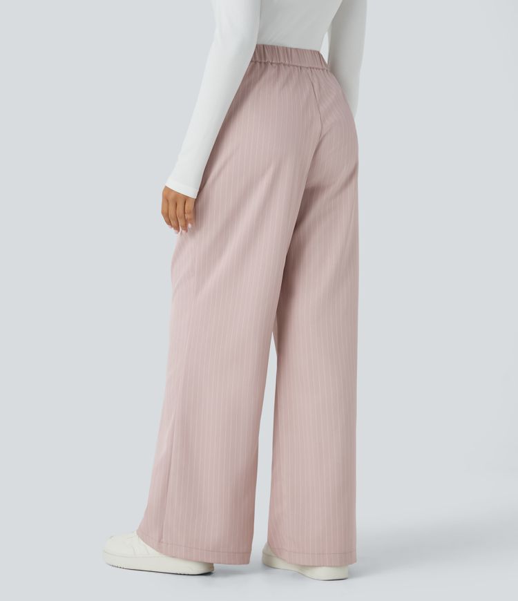 High Waisted Button Zipper Side Pocket Wide Leg Striped Work Pants