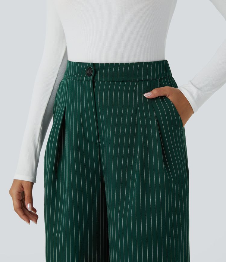 High Waisted Zipper Pocket Wide Leg Striped Work Trousers
