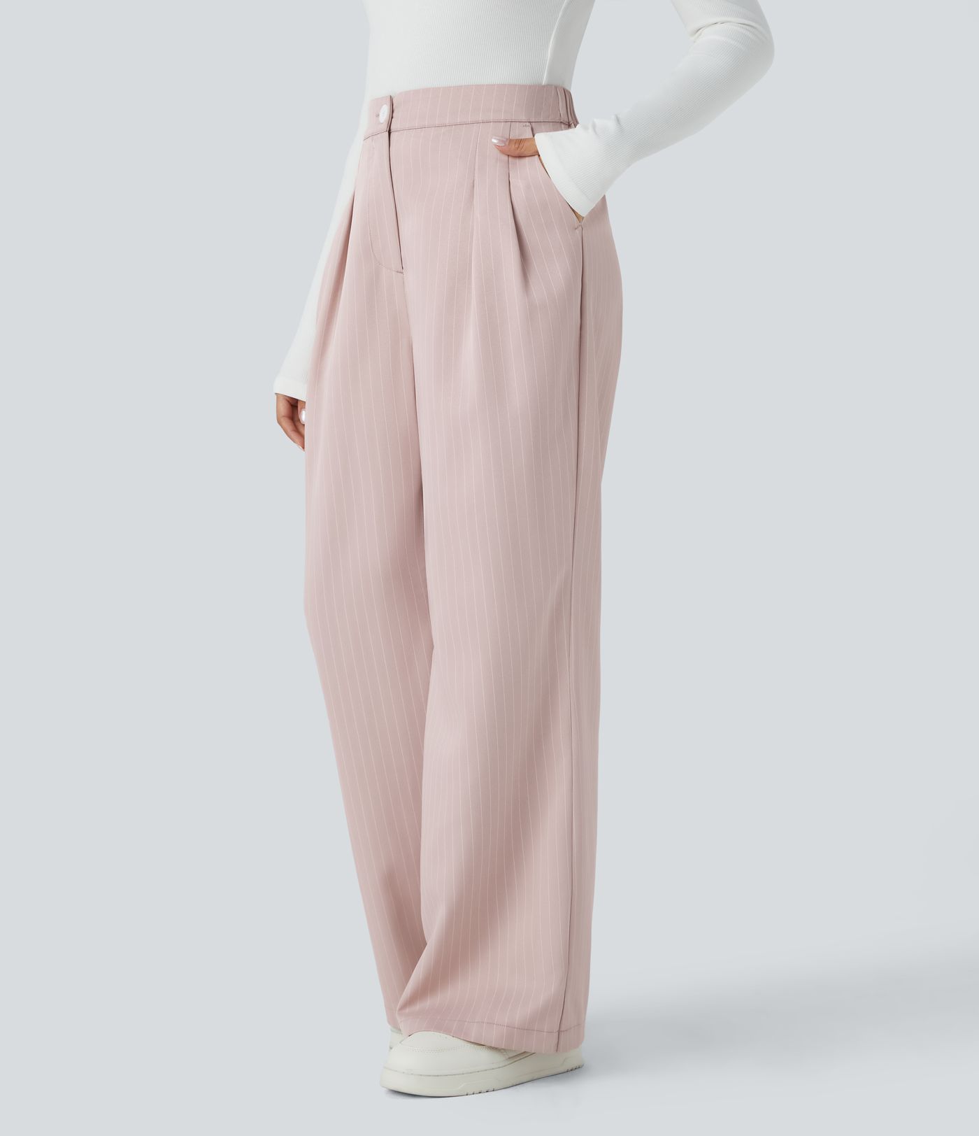 Pantalon Tailleur Large Fluide à Rayures, Taille Haute, Bouton et Fermeture Éclair, Poches Latérales