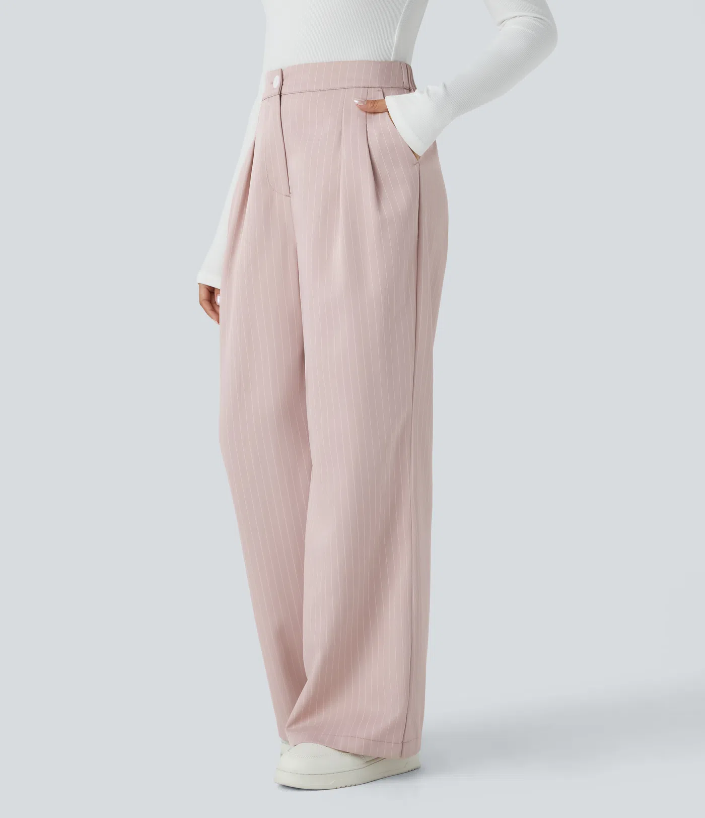 High Waisted Button Zipper Side Pocket Wide Leg Striped Work Pants