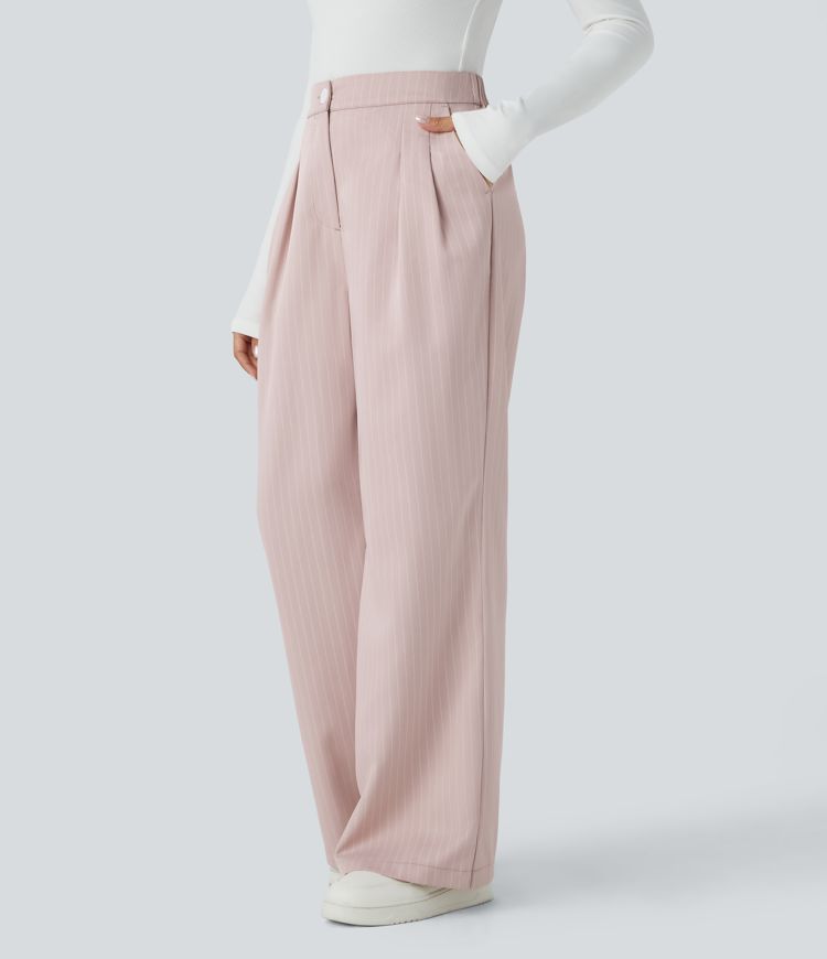 High Waisted Button Zipper Side Pocket Wide Leg Striped Work Pants