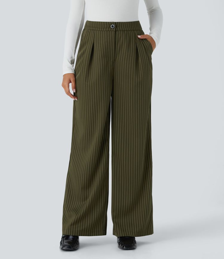 High Waisted Button Zipper Side Pocket Wide Leg Striped Work Pants