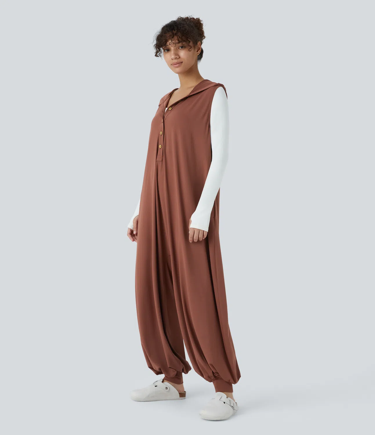 Hood front button sleeveless side pocket drape casual jogging jumpsuit