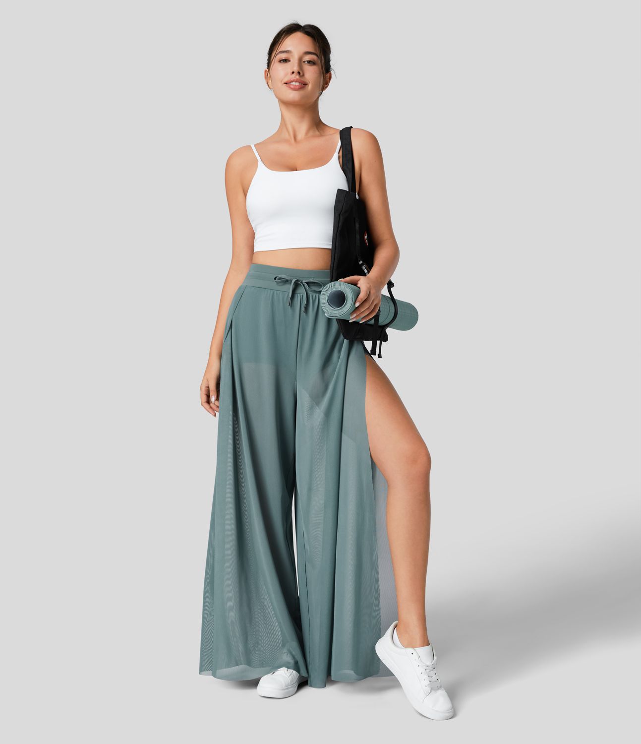 Pantalón yoga fluido pierna ancha bolsillo lateral 2 en 1 abertura malla contrastante cordón tiro alto